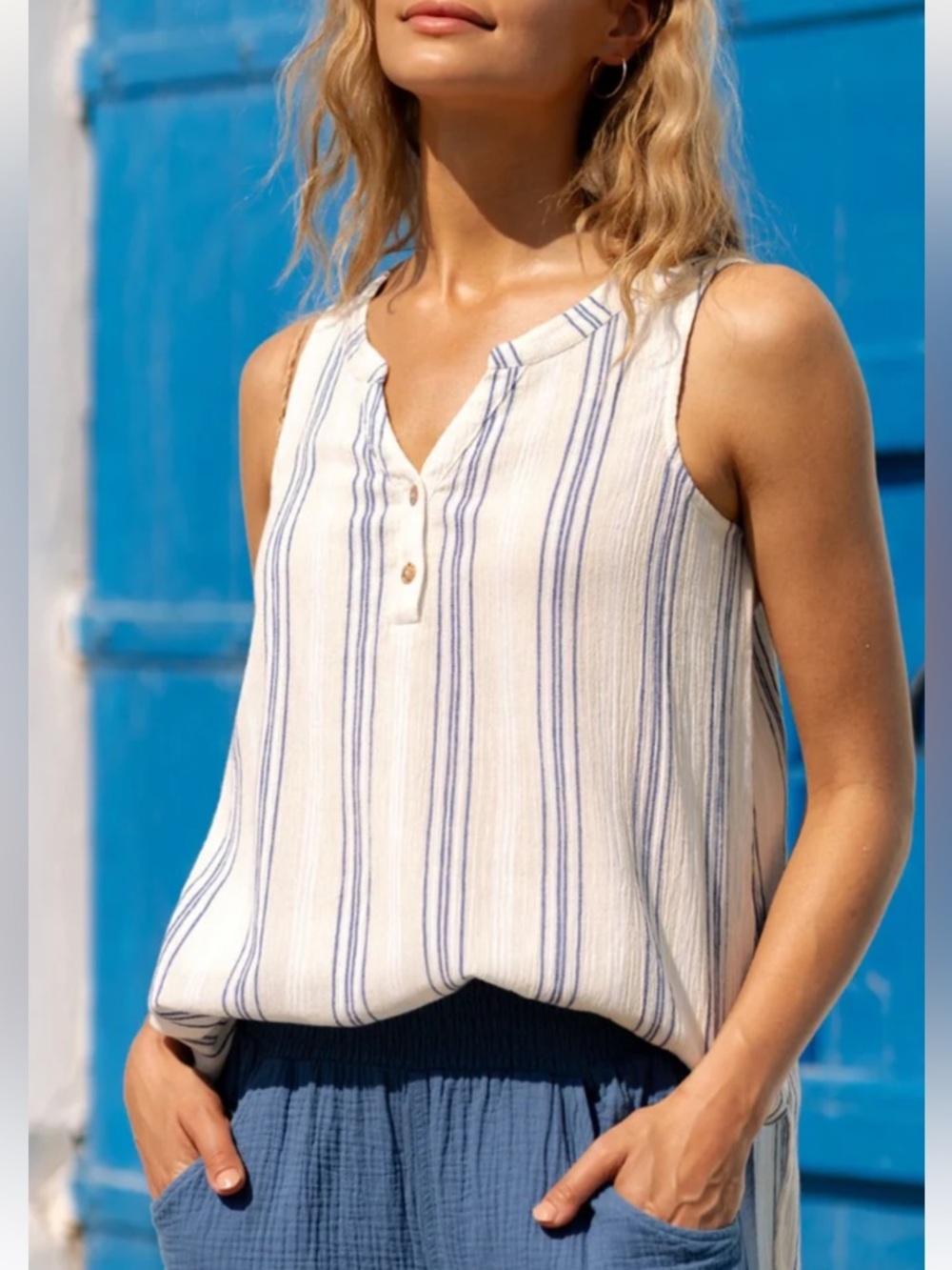 Nomad the Label Pollonia Cotton Top Sleeveless V-Neck Tank -White Blue Stripes